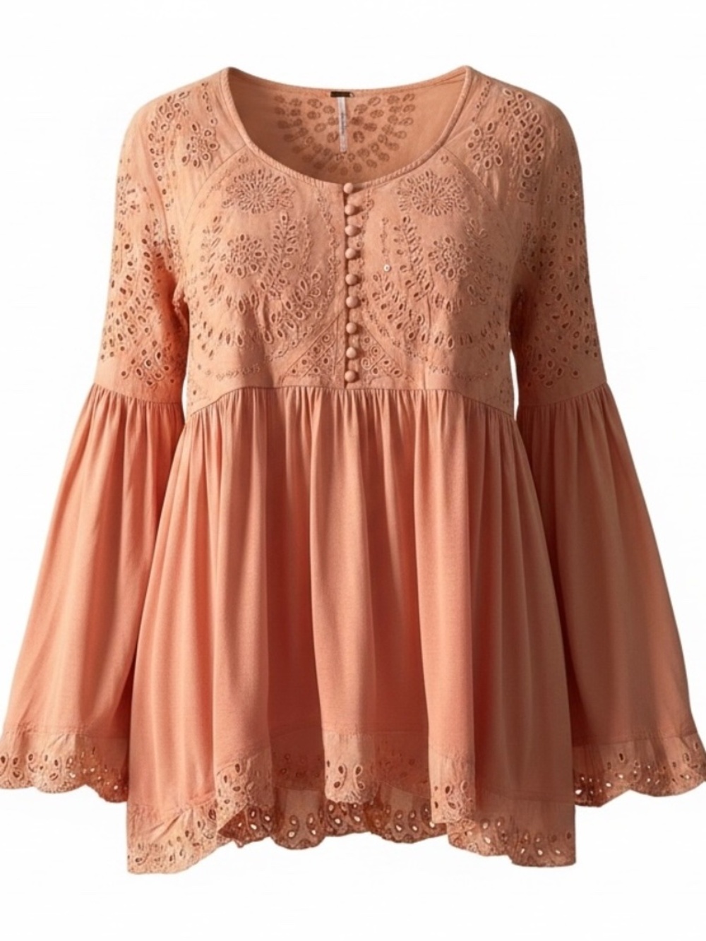 Free People Sea of Love Peach Eyelet Bell Sleeve Top